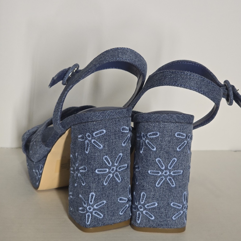 Nine West Denim Embroidered Floral Chuinky Platform Block Heel Sandals Womens 8 - Picture 4 of 7